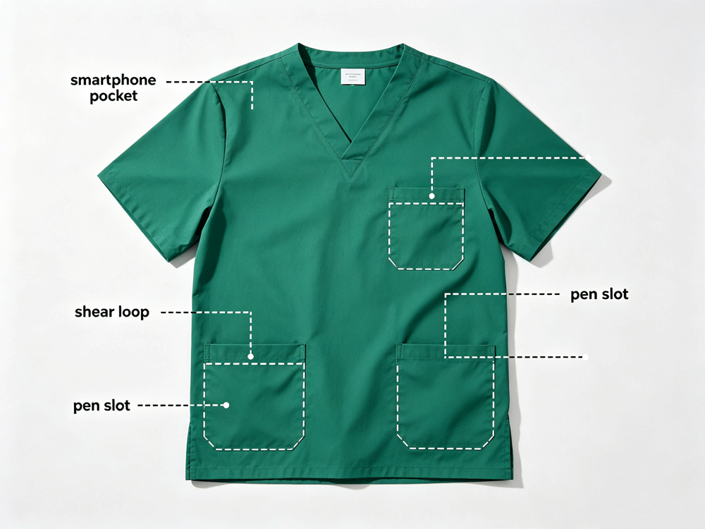 Nurse scrub top layout showing functional pocket configuration for medical tools