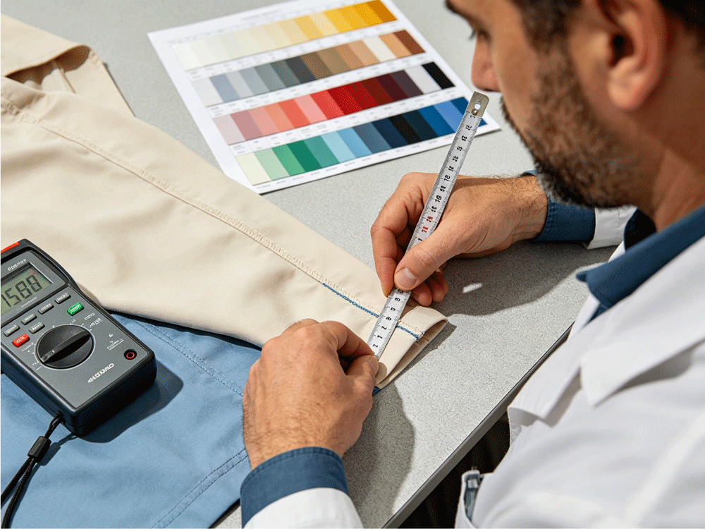 Quality control inspection of custom nurse scrubs checking stitching and color consistency