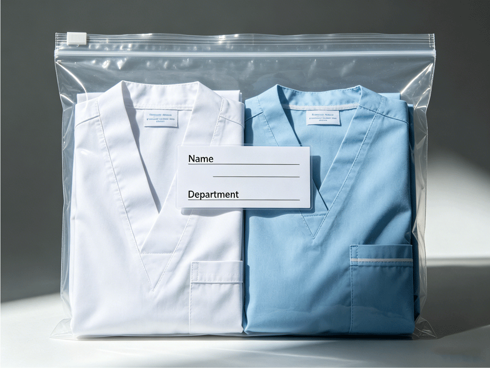 Individual nurse uniform kitting bag with employee name and department label