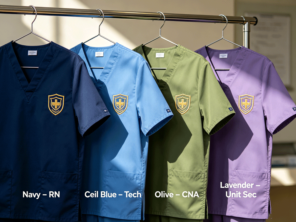 Custom nurse scrubs color coded by department with hospital logo Custom nurse scrubs color coded by department with hospital logo