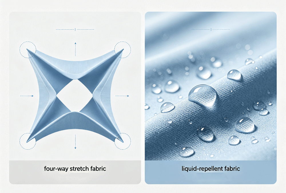 Performance scrub fabric showing 4-way stretch and fluid repellency Performance scrub fabric showing 4-way stretch and fluid repellency