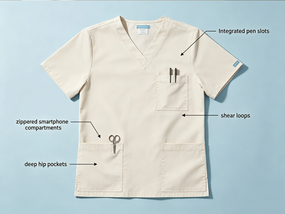 Custom scrub top with labeled utility pockets for clinical tools Custom scrub top with labeled utility pockets for clinical tools