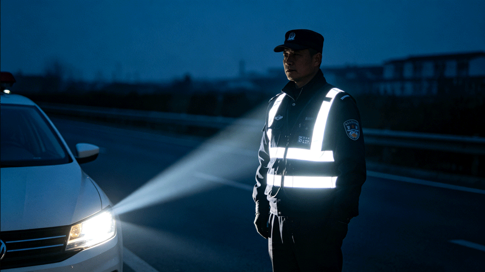 Security guard wearing hi-vis reflective uniform at night under vehicle headlights