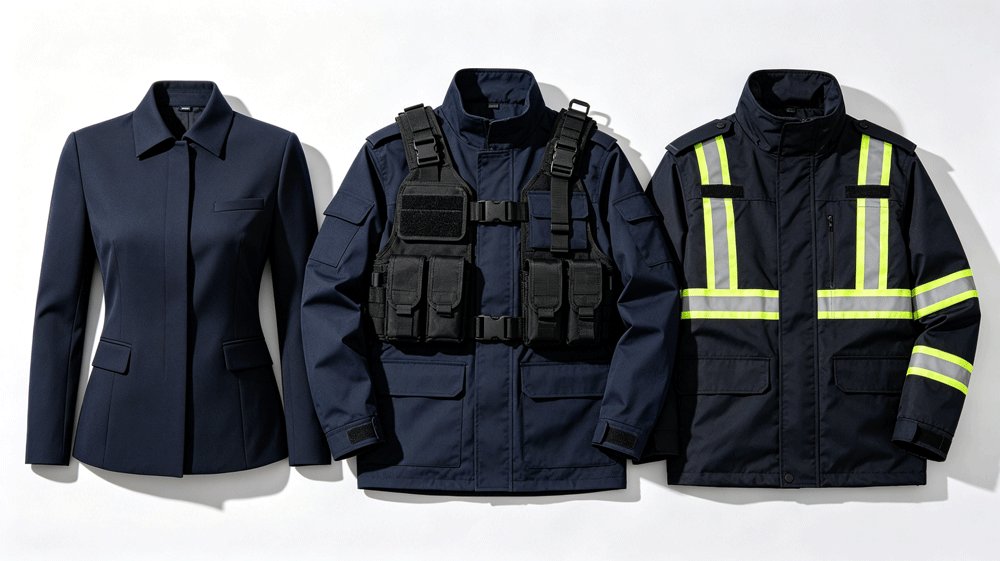 Security uniform fit comparison &ndash; tailored, tactical, hi-vis outdoor styles