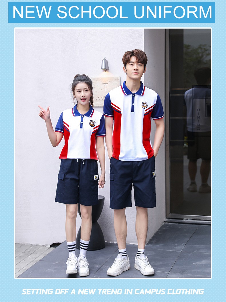 Polo clásico de tres colores y pantalones cortos | Uniforme de verano escolar personalizado