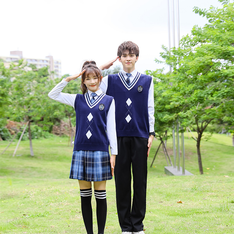 British Academic Knitwear Set | Custom V-Neck Vest & Plaid Skirt Uniform