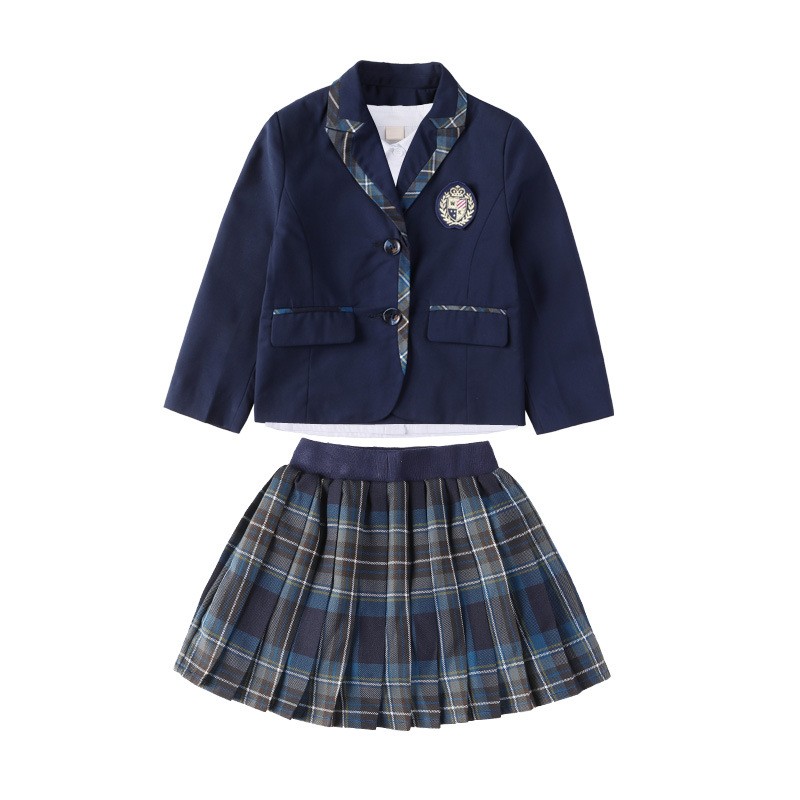 Uniforme formal infantil de estilo clásico | Conjunto de blazer y falda de cuadros personalizados 