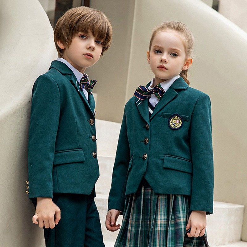 Conjunto de escuela formal para niños personalizados | Blazer verde bosque y uniforme de falda a cuadros