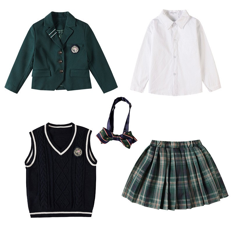 Custom Childrens Formal School Set | Forest Green Blazer & Plaid Skirt Uniform