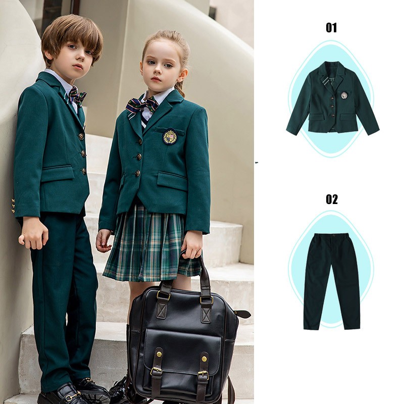 Custom Childrens Formal School Set | Forest Green Blazer & Plaid Skirt Uniform