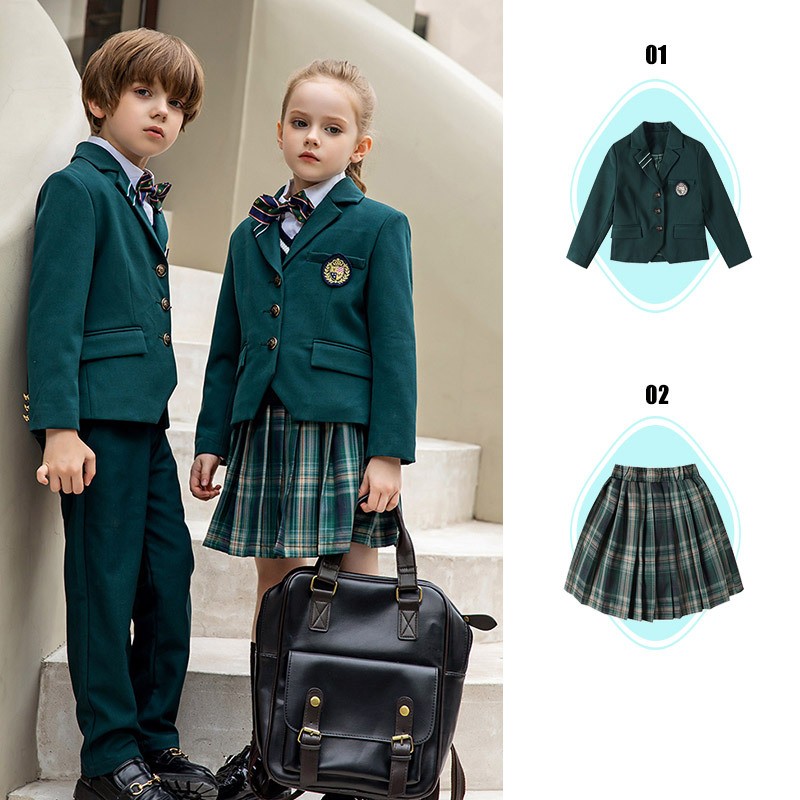 Custom Childrens Formal School Set | Forest Green Blazer & Plaid Skirt Uniform