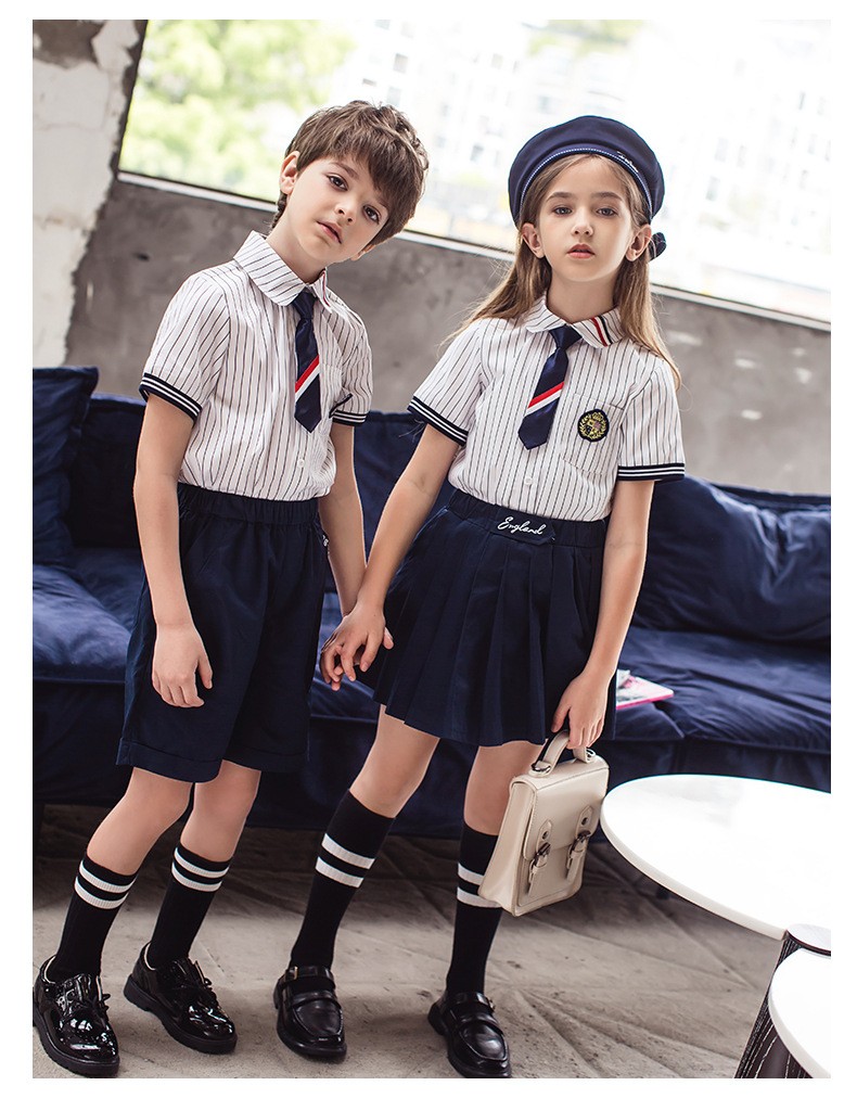 Conjuntos académicos de rayas y azul marino | Uniformes escolares internacionales | Proveedor de diseño personalizado