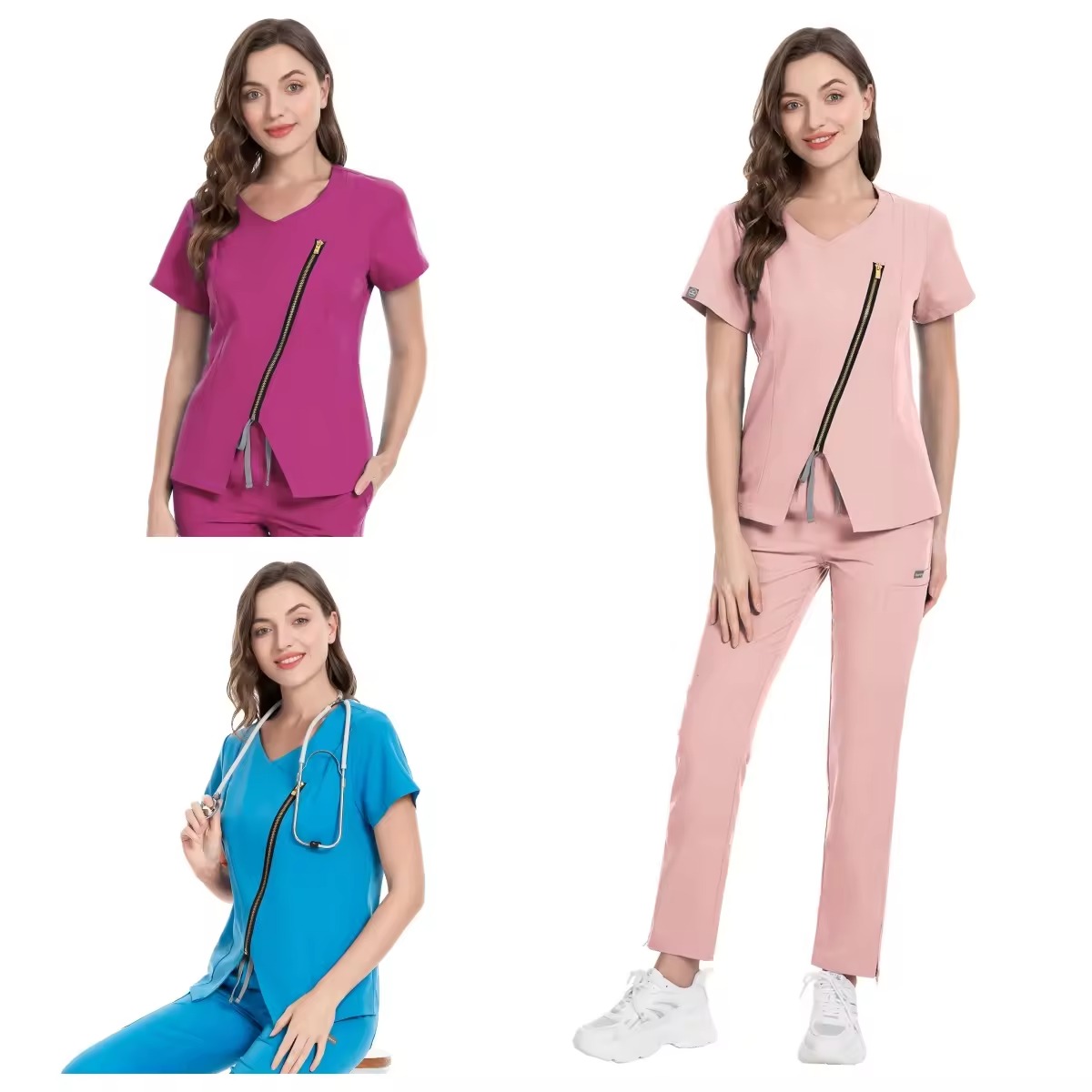 Fashion-Forward Medical Scrubs | Diagonal Zipper Design | 3 Color Options